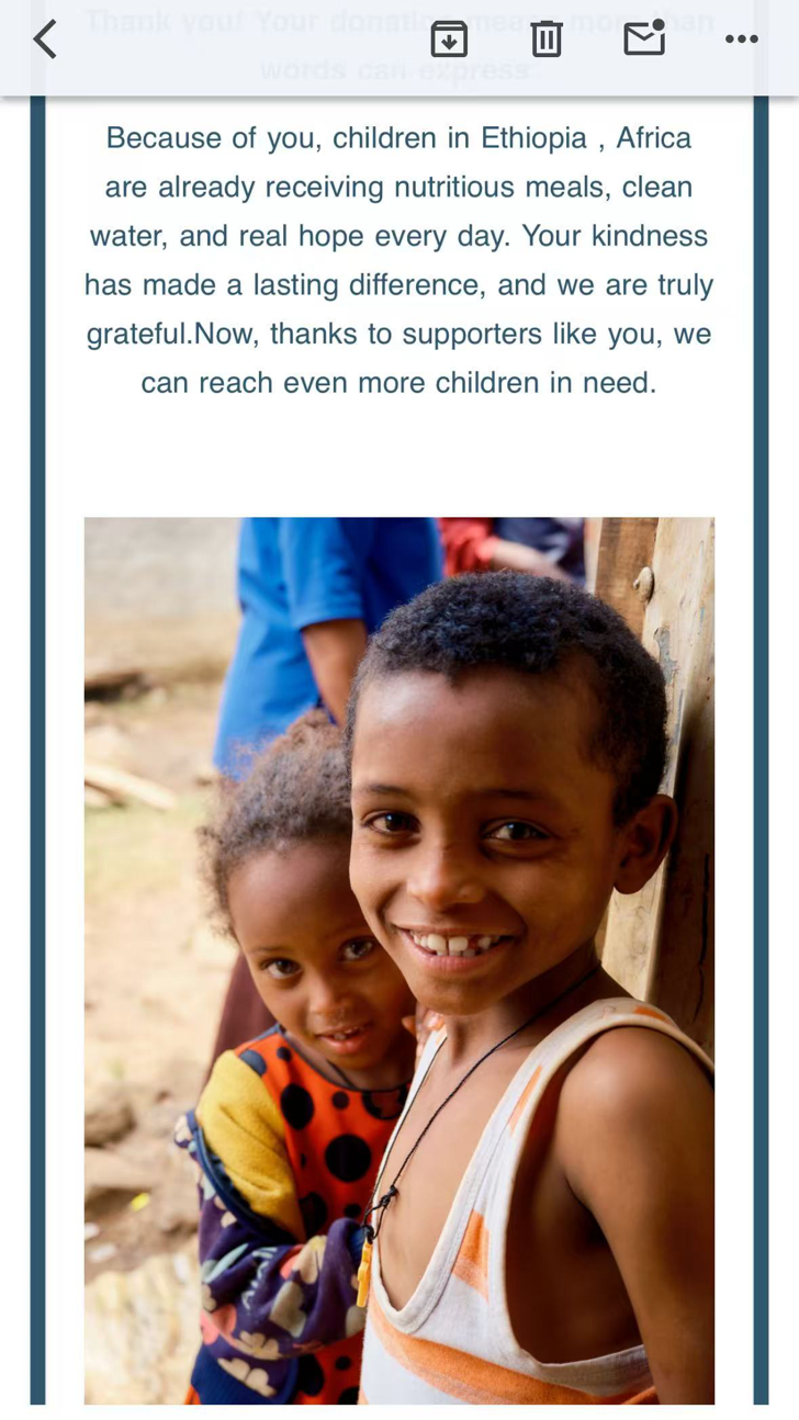 Example email progress report sent to child sponsors