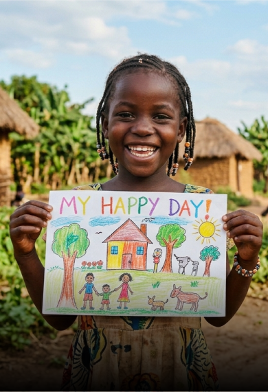 A smiling child holding a drawing